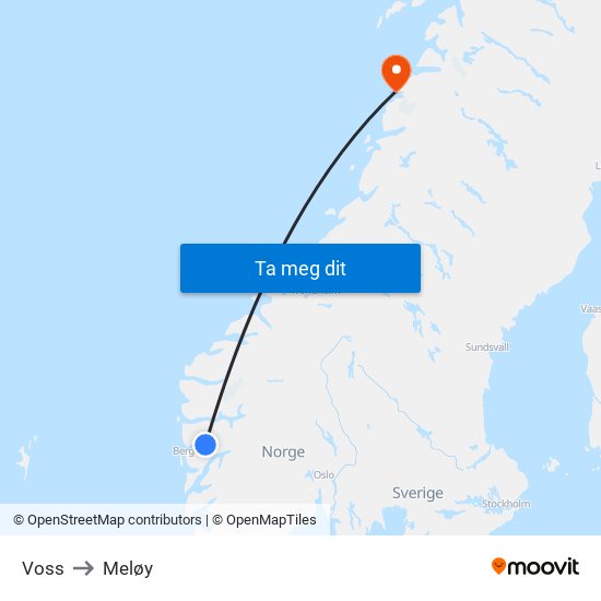 Voss to Meløy map