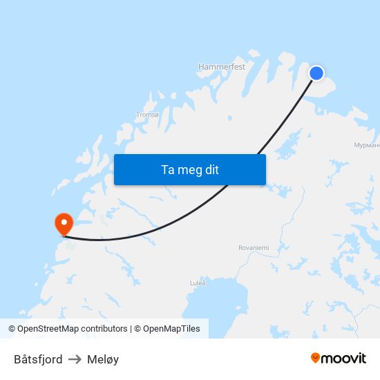 Båtsfjord to Meløy map
