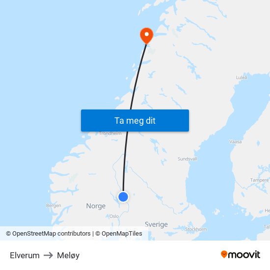 Elverum to Meløy map