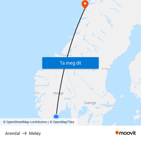 Arendal to Meløy map