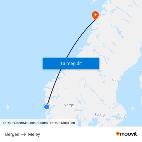 Bergen to Meløy map