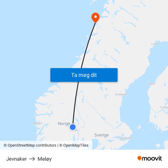 Jevnaker to Meløy map