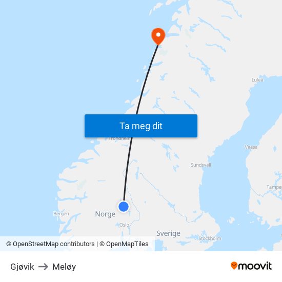 Gjøvik to Meløy map