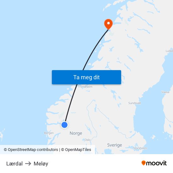 Lærdal to Meløy map