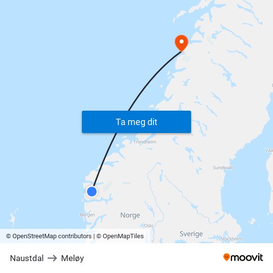 Naustdal to Meløy map