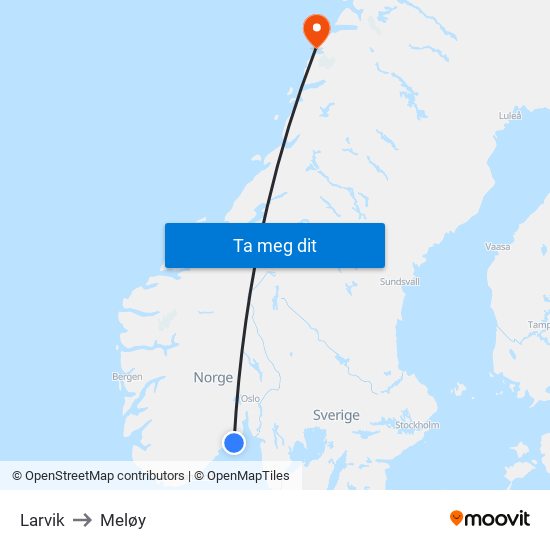Larvik to Meløy map