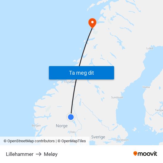 Lillehammer to Meløy map