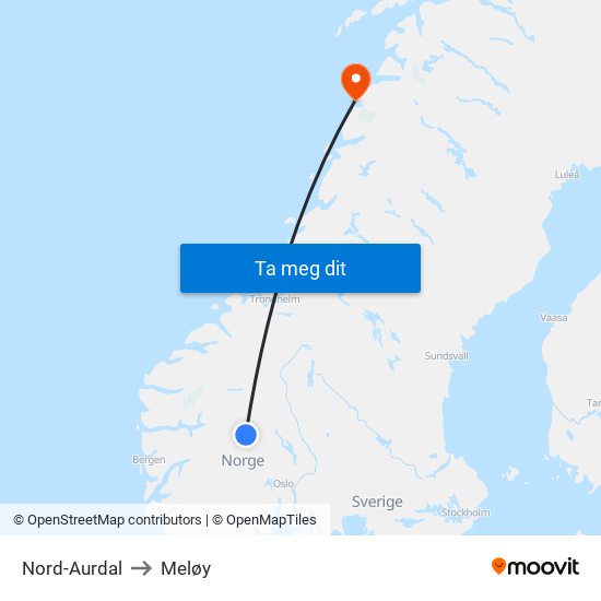 Nord-Aurdal to Meløy map