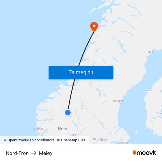 Nord-Fron to Meløy map