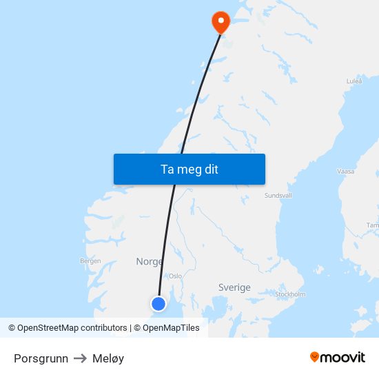 Porsgrunn to Meløy map