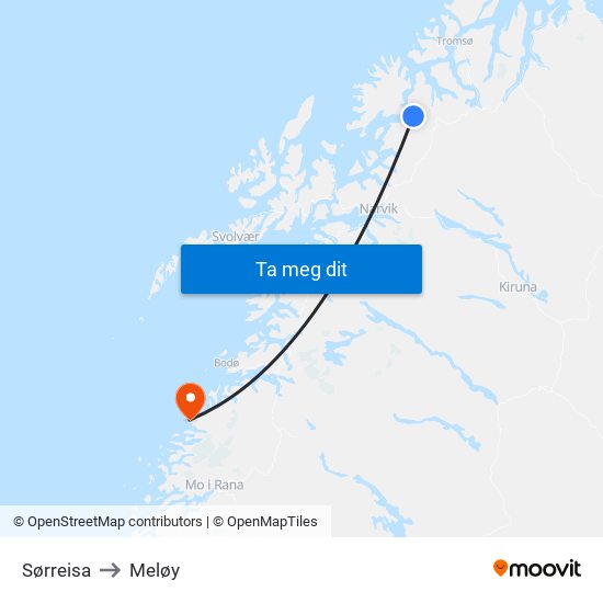 Sørreisa to Meløy map