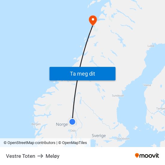 Vestre Toten to Meløy map