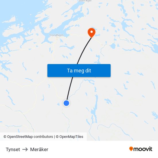 Tynset to Meråker map
