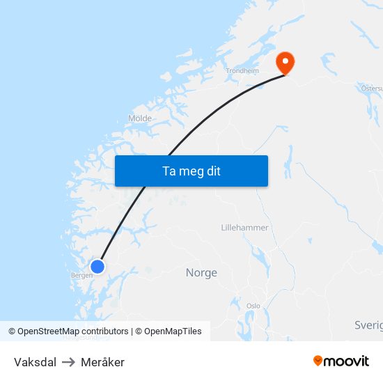 Vaksdal to Meråker map