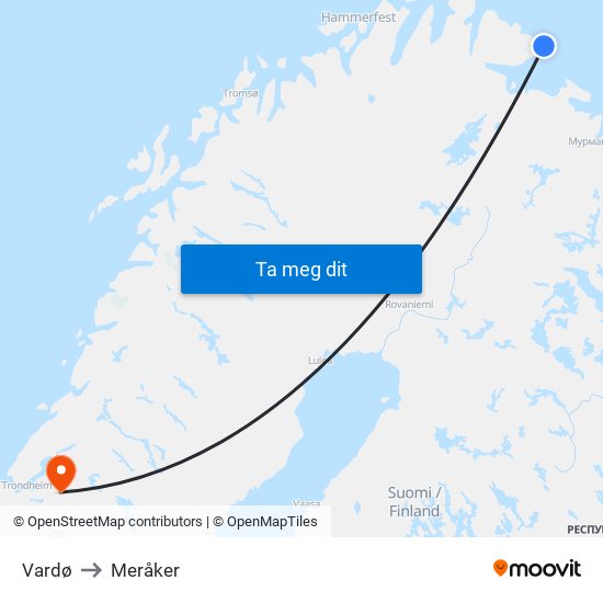 Vardø to Meråker map