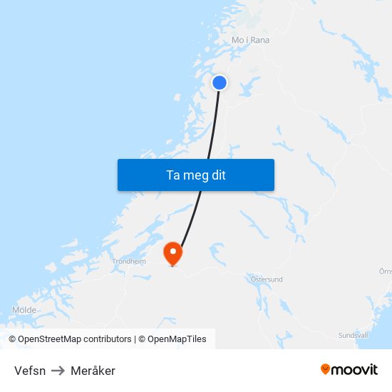 Vefsn to Meråker map