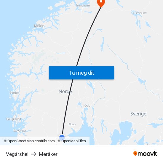 Vegårshei to Meråker map