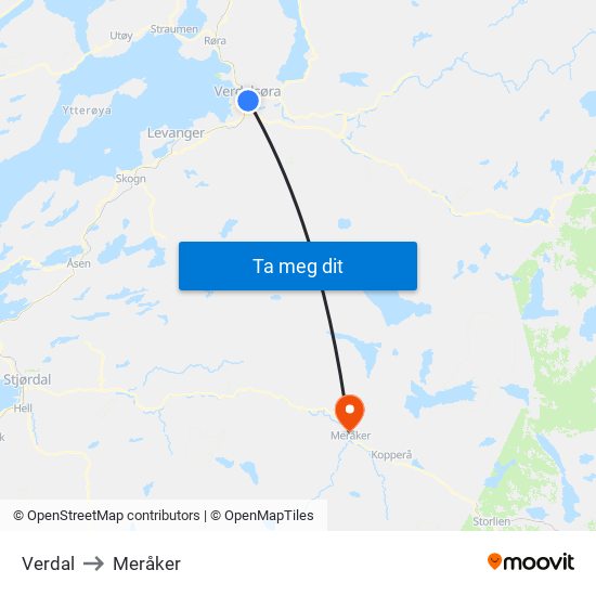Verdal to Meråker map