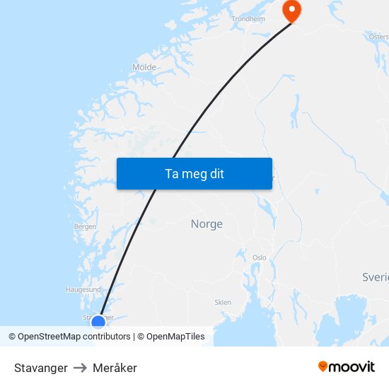 Stavanger to Meråker map