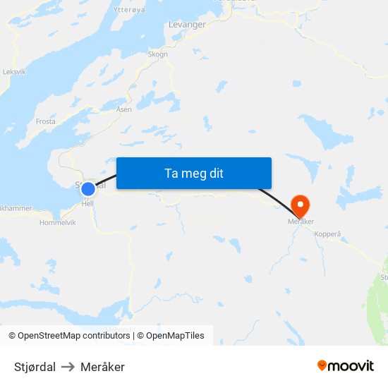Stjørdal to Meråker map