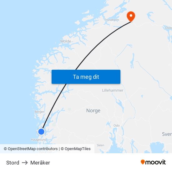 Stord to Meråker map