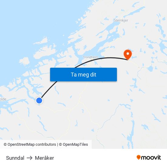 Sunndal to Meråker map