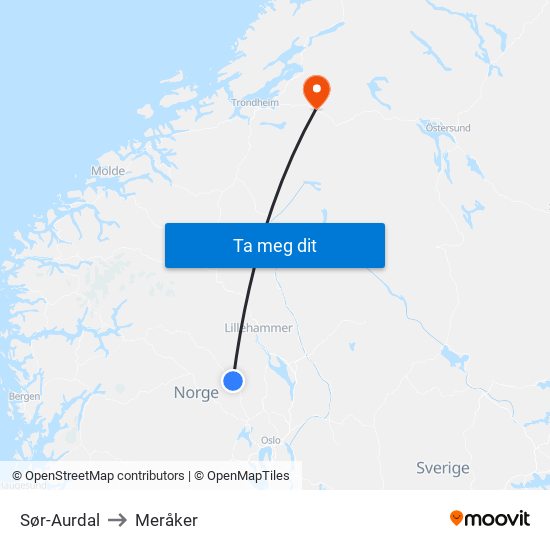 Sør-Aurdal to Meråker map