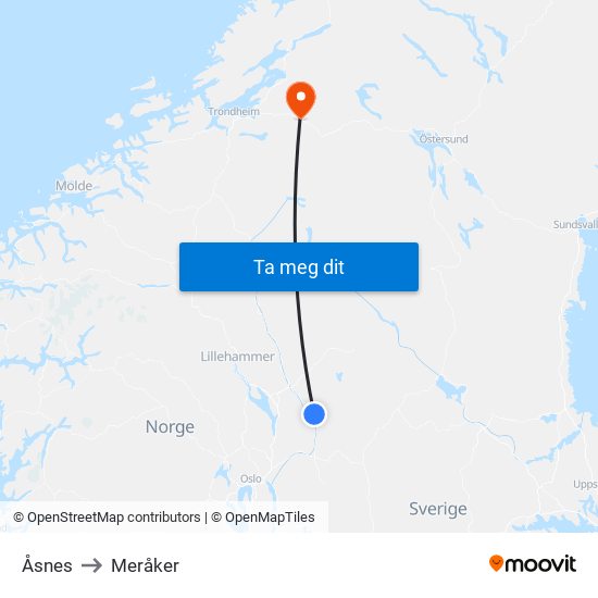 Åsnes to Meråker map