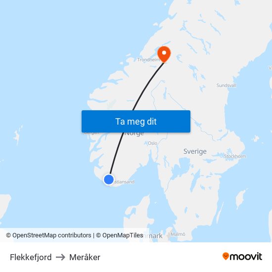 Flekkefjord to Meråker map