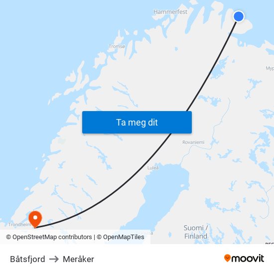 Båtsfjord to Meråker map