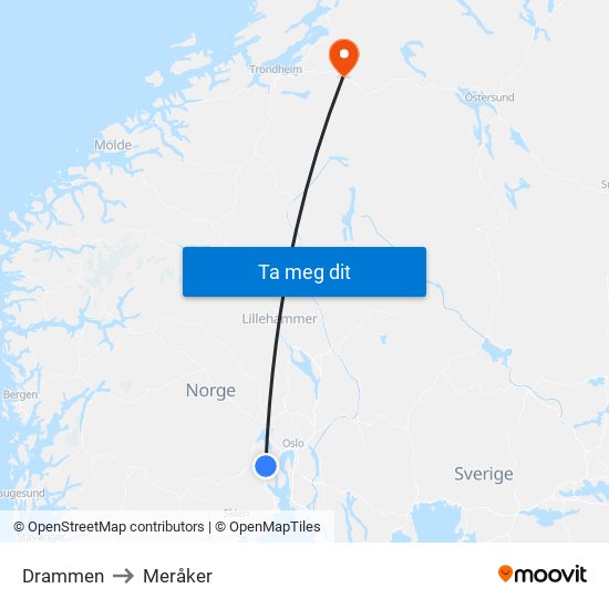 Drammen to Meråker map