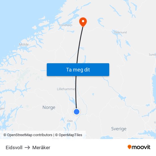 Eidsvoll to Meråker map