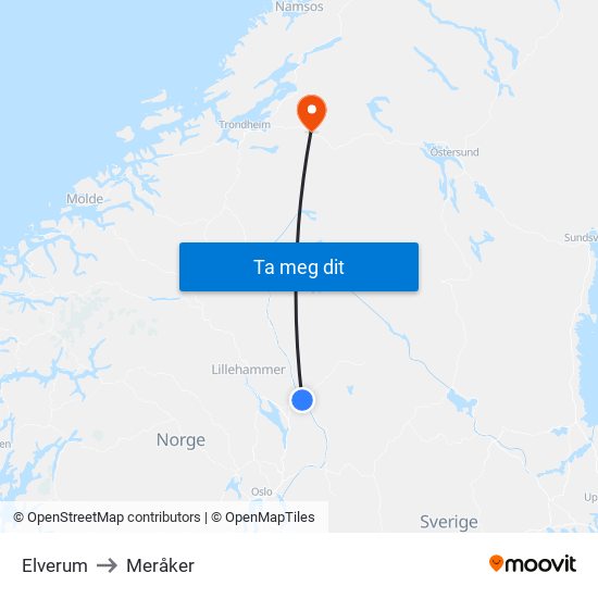 Elverum to Meråker map