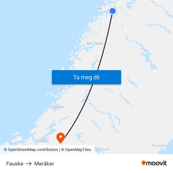 Fauske to Meråker map