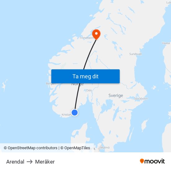 Arendal to Meråker map