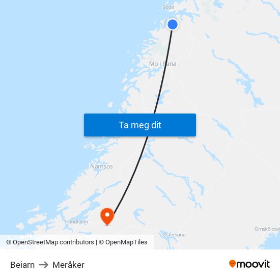 Beiarn to Meråker map