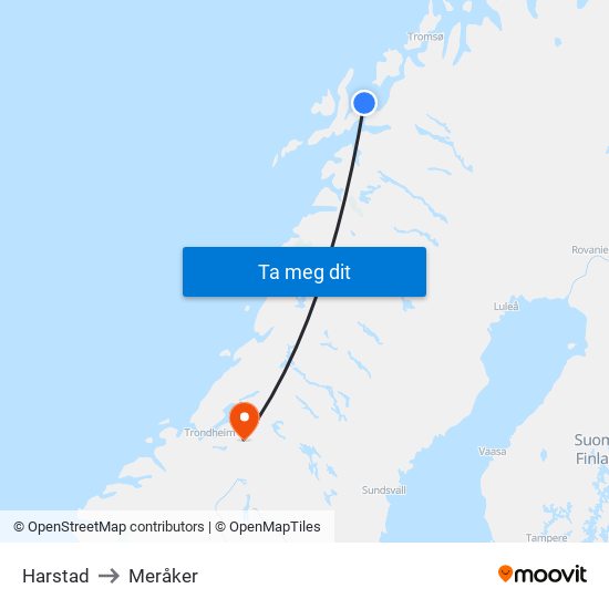 Harstad to Meråker map