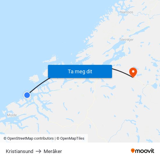 Kristiansund to Meråker map