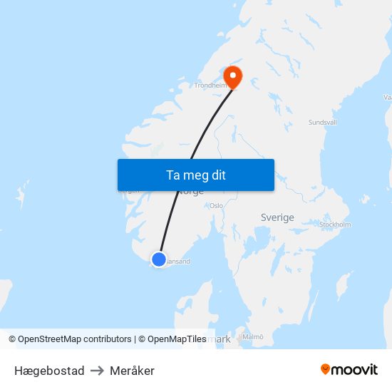 Hægebostad to Meråker map