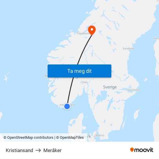 Kristiansand to Meråker map