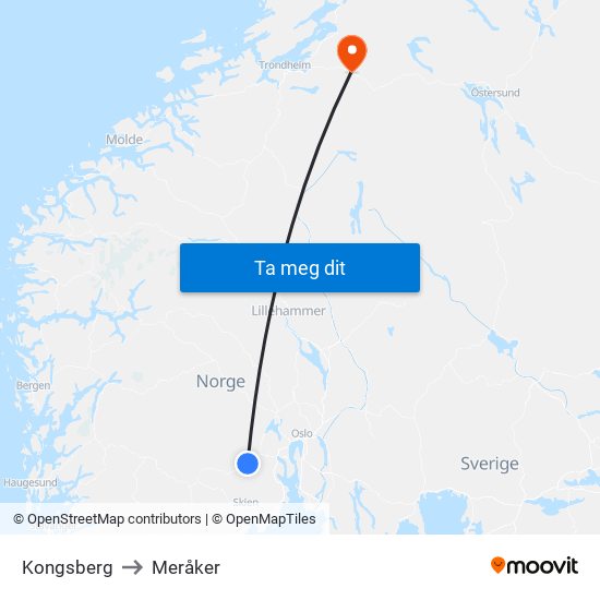 Kongsberg to Meråker map