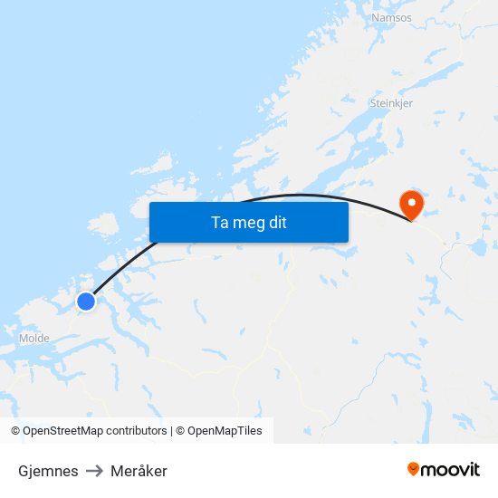 Gjemnes to Meråker map