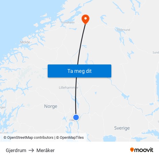 Gjerdrum to Meråker map