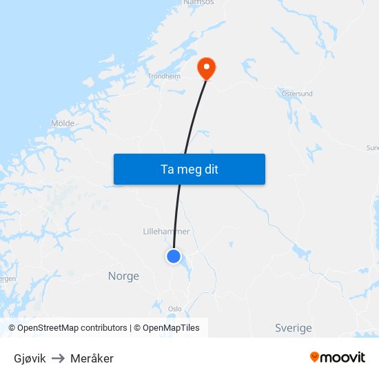 Gjøvik to Meråker map