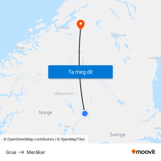 Grue to Meråker map