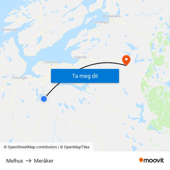 Melhus to Meråker map