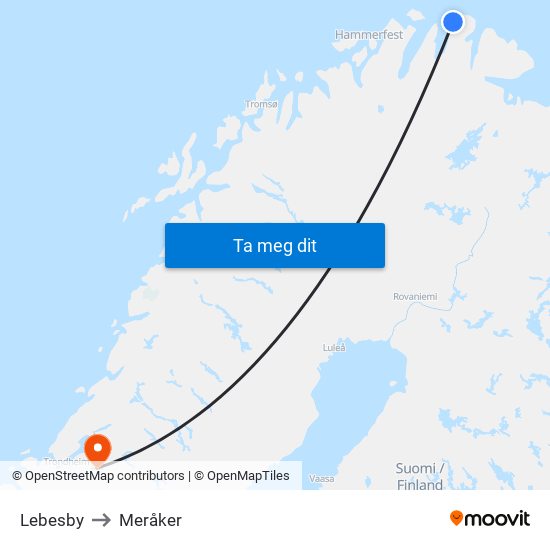 Lebesby to Meråker map