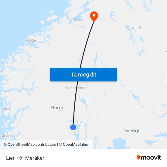 Lier to Meråker map