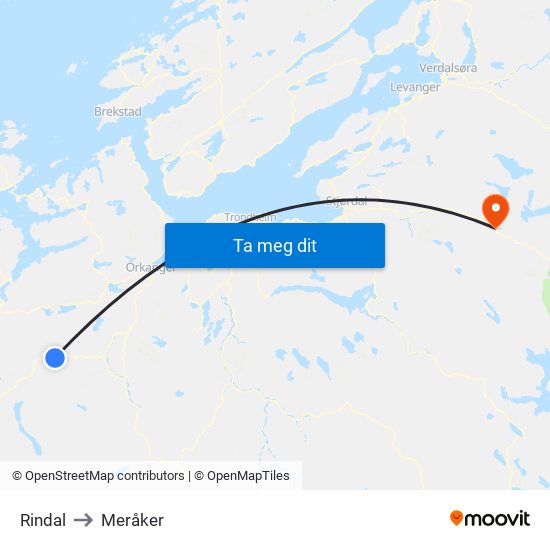 Rindal to Meråker map