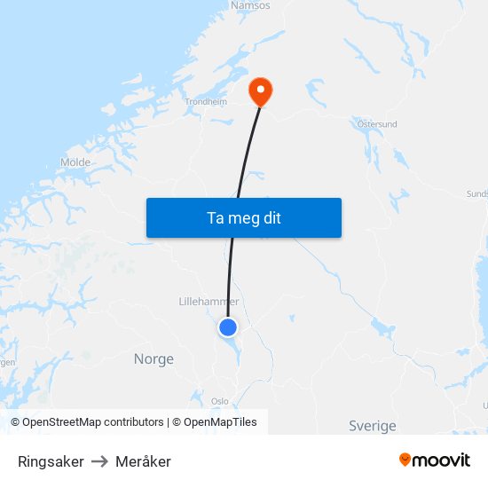 Ringsaker to Meråker map